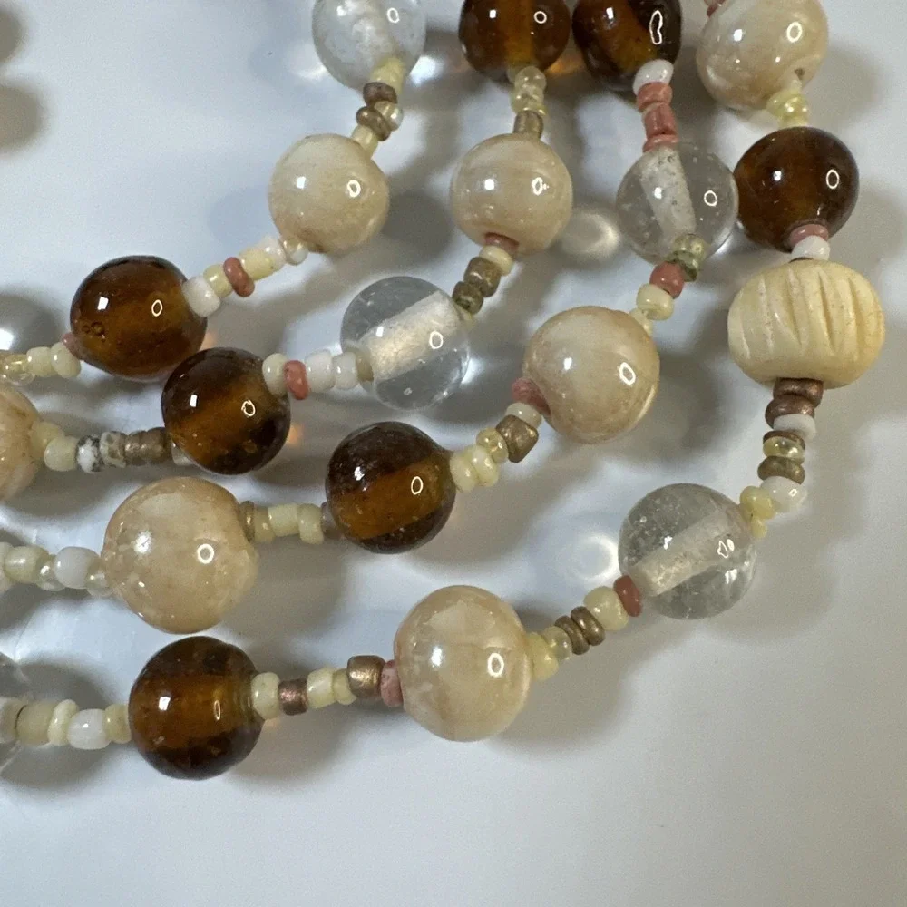 Vintage Boho Statement Necklace 42 Inch Over Head Carved Wood Bead Artisan
